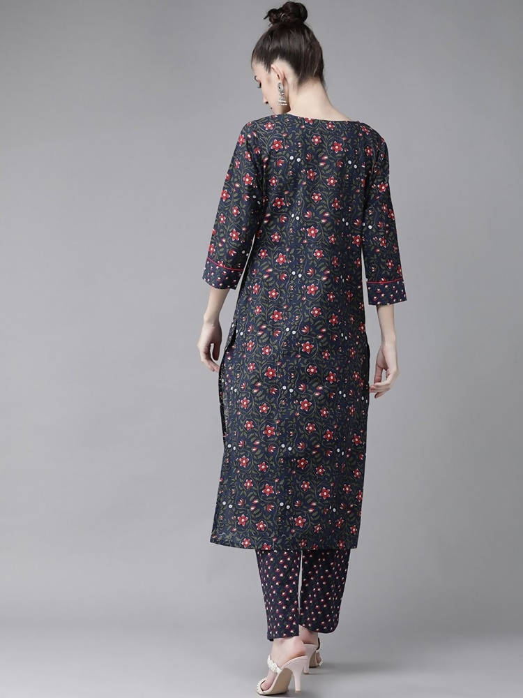 Yufta Women Navy Blue & Pink Ethnic Motifs Printed Pure Cotton Kurta with Trouser | Grocsy