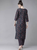 Yufta Women Navy Blue & Pink Ethnic Motifs Printed Pure Cotton Kurta with Trouser | Grocsy