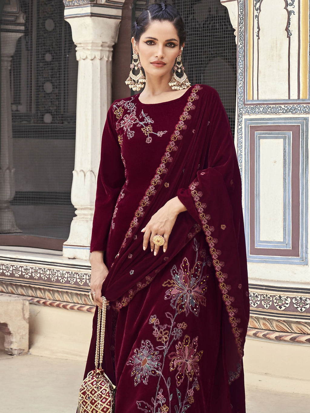 Jyoti Fashion Women's Maroon Velvet Resham Thread with Jari & Sequin Kurta with Trouser & Dupatta | Grocsy