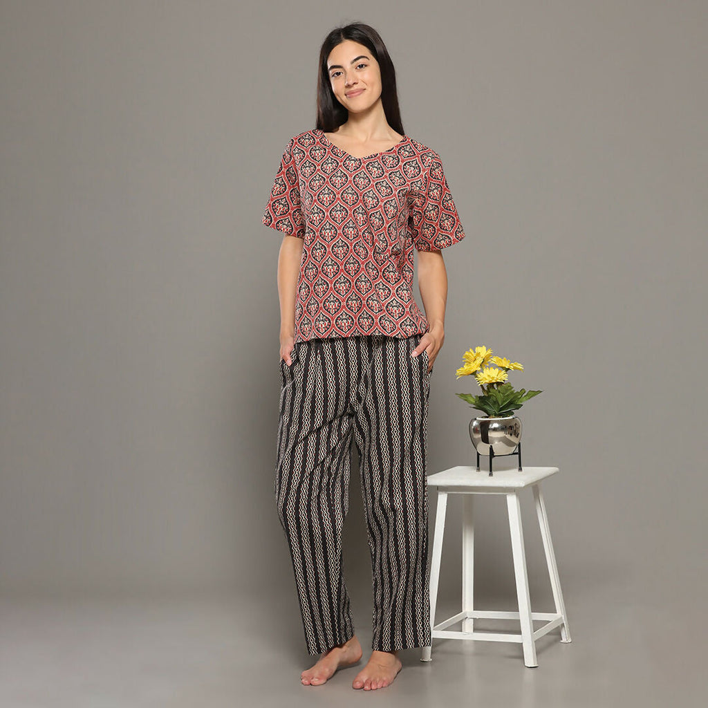 Breathables Women Cotton Printed Loungewear Kurta And Pants Co-Ord Set Red & Navy I Nightwear | Grocsy