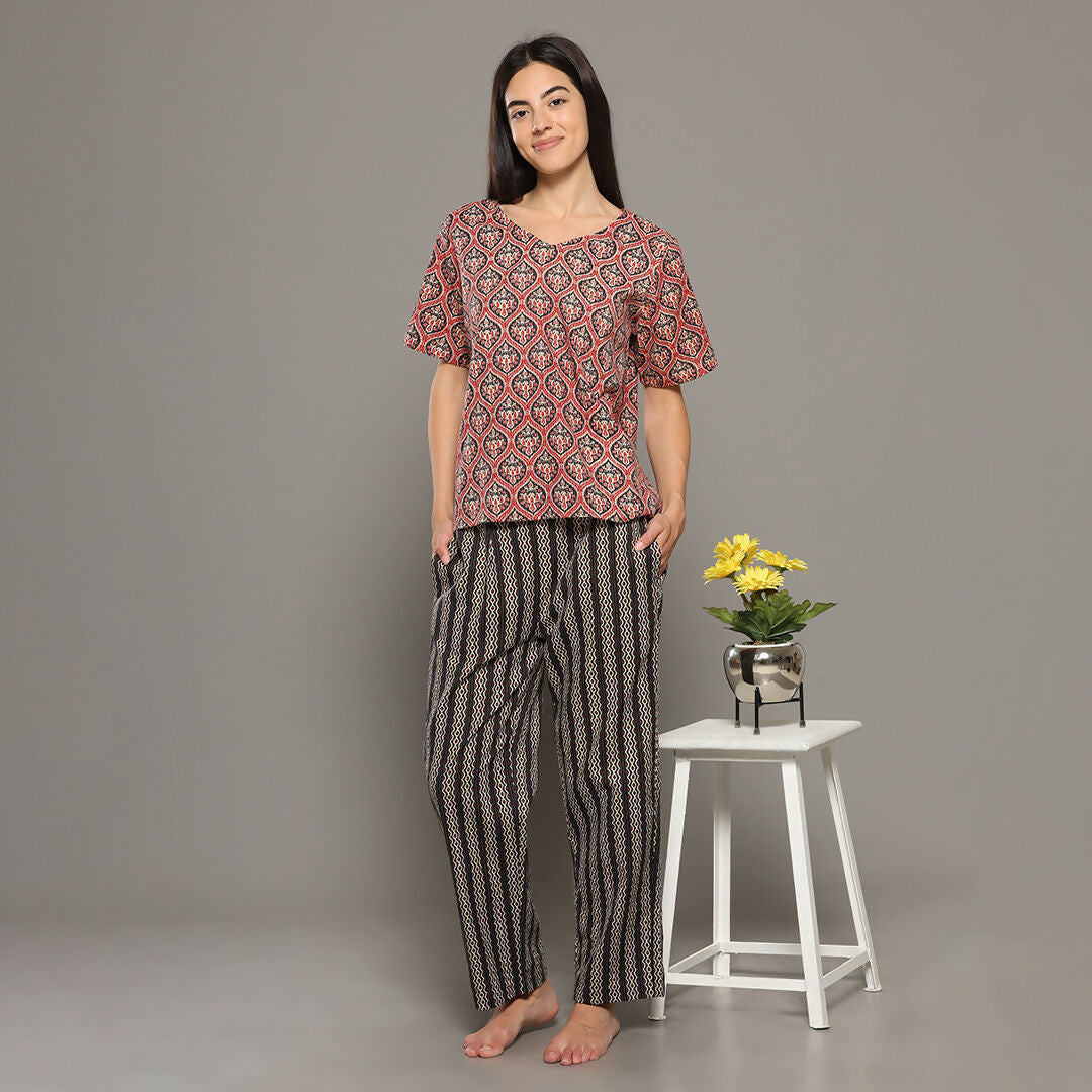Breathables Women Cotton Printed Loungewear Kurta And Pants Co-Ord Set Red & Navy I Nightwear | Grocsy