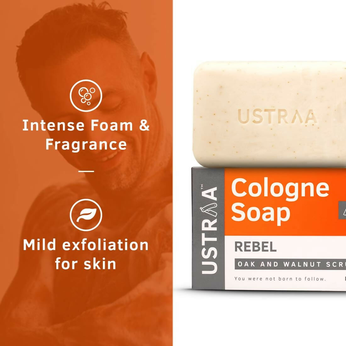 Ustraa Rebel Cologne Soap with Oak & Walnut, Triple-milled Soap, Mild Exfoliation with Walnut Granules | Grocsy