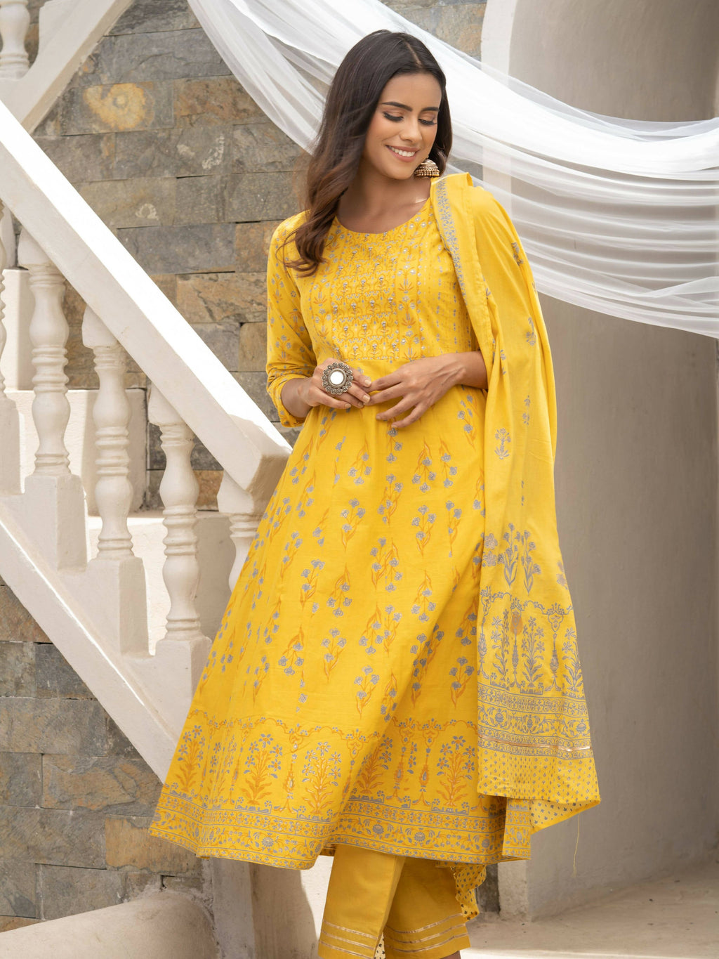 Mustard Cotton Cambric Printed with Sequins work Anarkali Kurta with Pant & Dupatta - Akashara | Grocsy