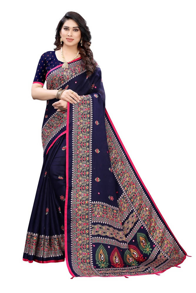 Vamika Blue Jute Silk Mirror Work Saree | Grocsy