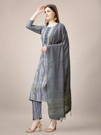 Jyoti Fashion Women's Grey Rayon Print with Embroidery & Fancy Lace Work Kurta with Trouser & Dupatta | Grocsy