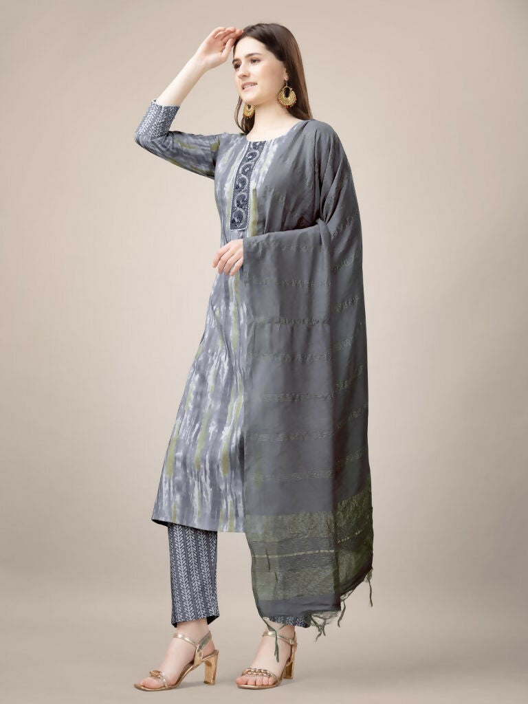 Jyoti Fashion Women's Grey Rayon Print with Embroidery & Fancy Lace Work Kurta with Trouser & Dupatta | Grocsy