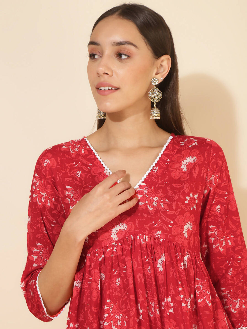 Janasya Women's Red Cotton Floral Printed Casual Flared Co-ords | Grocsy