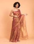 Suta Pink Golden Solid Zari Pure Linen Saree | Grocsy