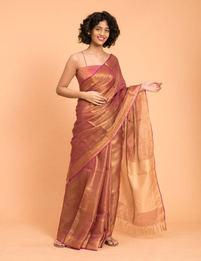 Suta Pink Golden Solid Zari Pure Linen Saree | Grocsy