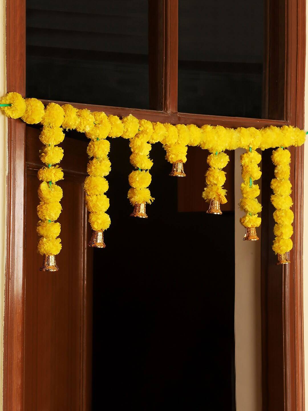 Tied Ribbons Yellow Entrance Hanging Marigold Flowers Bandhanwar Toran Garland with Bells | Grocsy