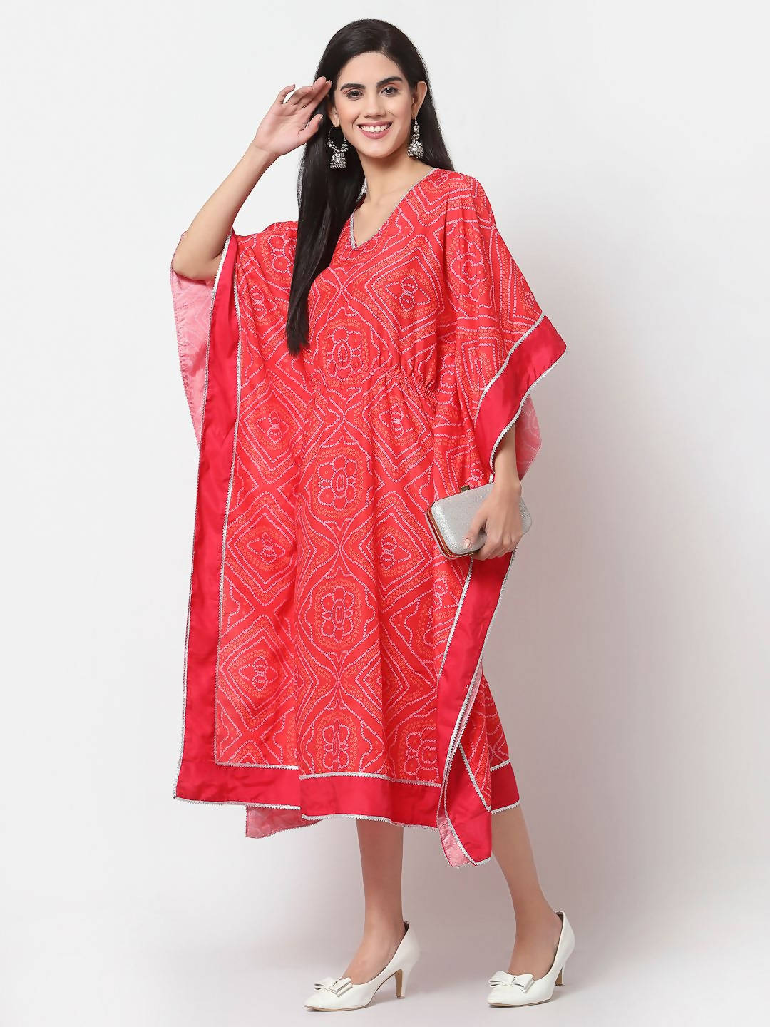 Myshka Pink Cotton Printed 3/4 Sleeve V Neck Casual Kaftan | Grocsy