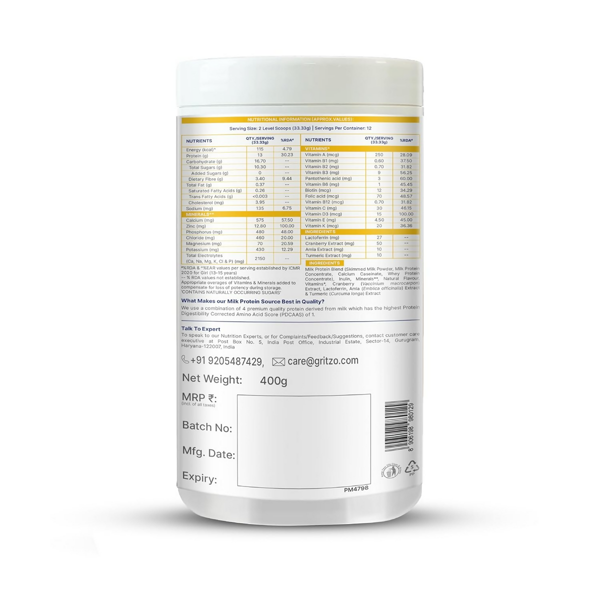 Gritzo SuperMilk Growth+ (Formerly Height+) Unsweetened Drink Mix (13+y Girls), 13g Protein Powder - Creamy Vanilla | Grocsy