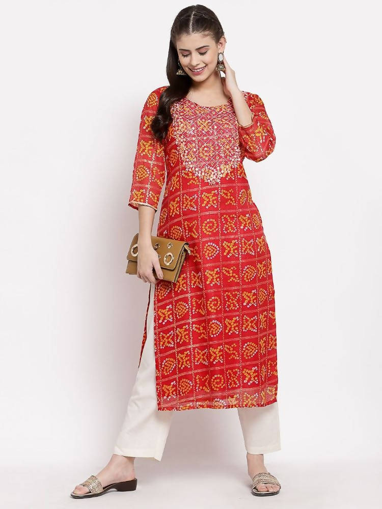 Myshka Women's Red Cotton Printed 3/4 Sleeve Square Neck Casual Kurta | Grocsy