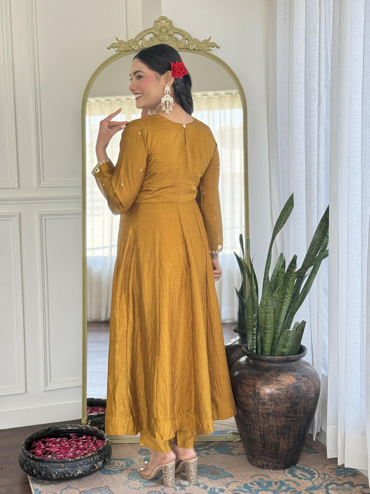 The52 Women's Beautiful Vichitra Silk Fabric Embroidery Work Flared Anarkali Pant and Dupatta Set | Grocsy