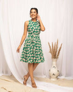 FIORRA Women's Green Georgette Floral Printed Western Dress | Grocsy
