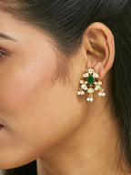Nuyug 22K Gold-Plated Elegant Kundan & Green Stone Studded Pearl Drops Studs | Grocsy