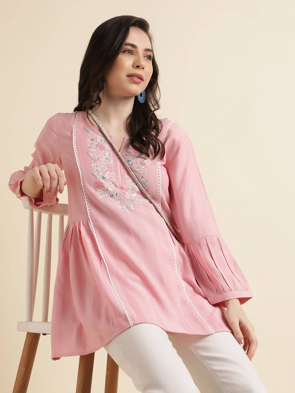 Pink Viscose Rayon Yoke Embroidered A-line Top - Tarini | Grocsy