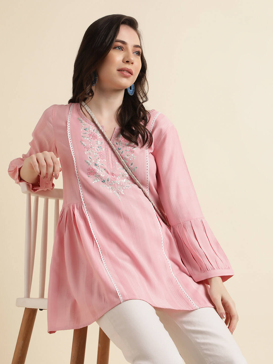 Pink Viscose Rayon Yoke Embroidered A-line Top - Tarini | Grocsy