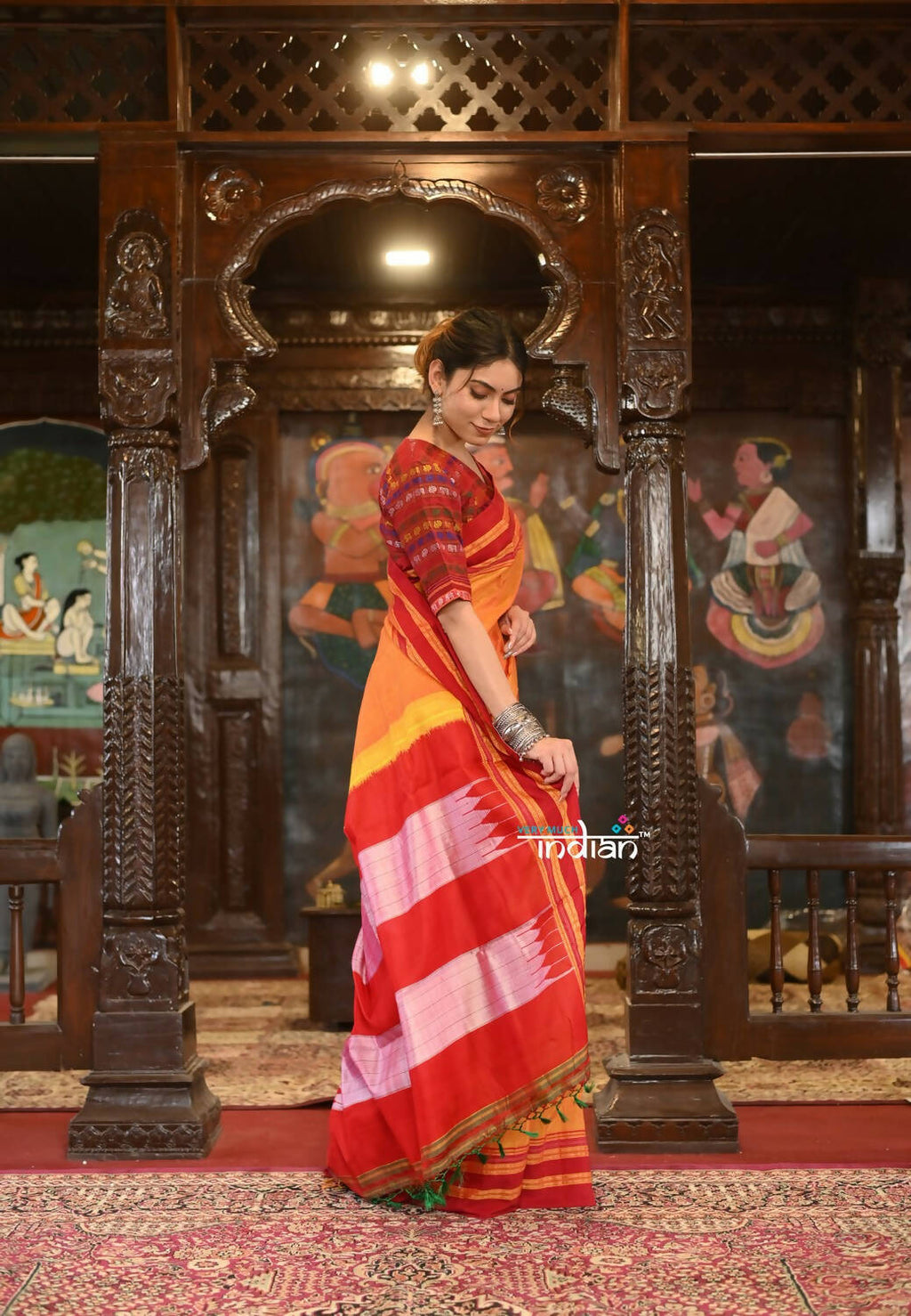 Very Much Indian Handloom Cotton Viscose Ilkal Saree Bright Mustard Yellow With Red Border | Grocsy