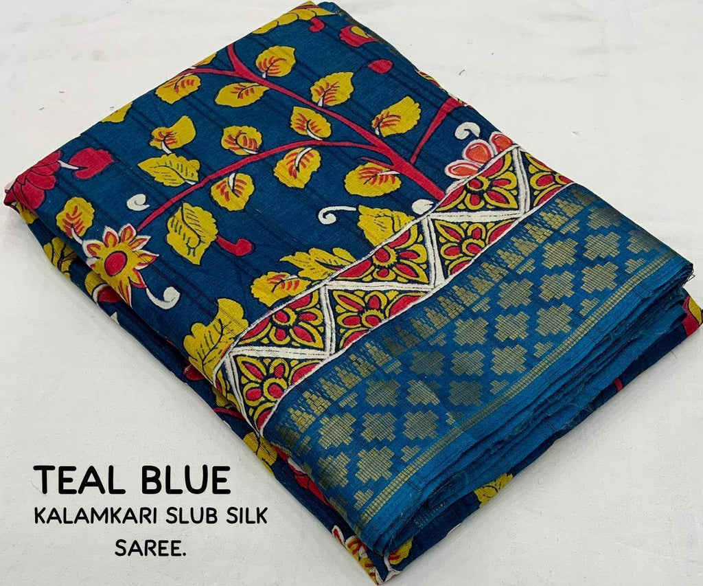 Blue Slub Silk Printed Saree with Unstitched Blouse - Hiral Fashion | Grocsy