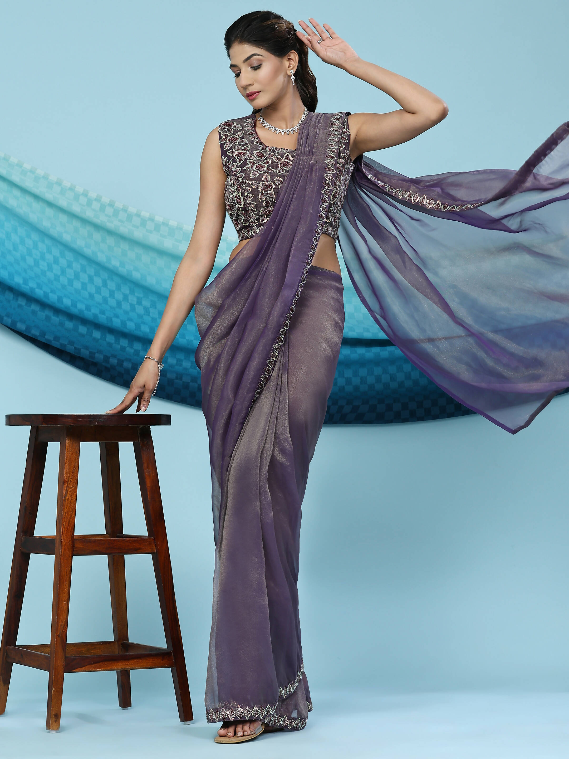 Purple Lycra Shimmer Pattern Ready to Wear Saree with stitched Blouse - Nirvana | Grocsy