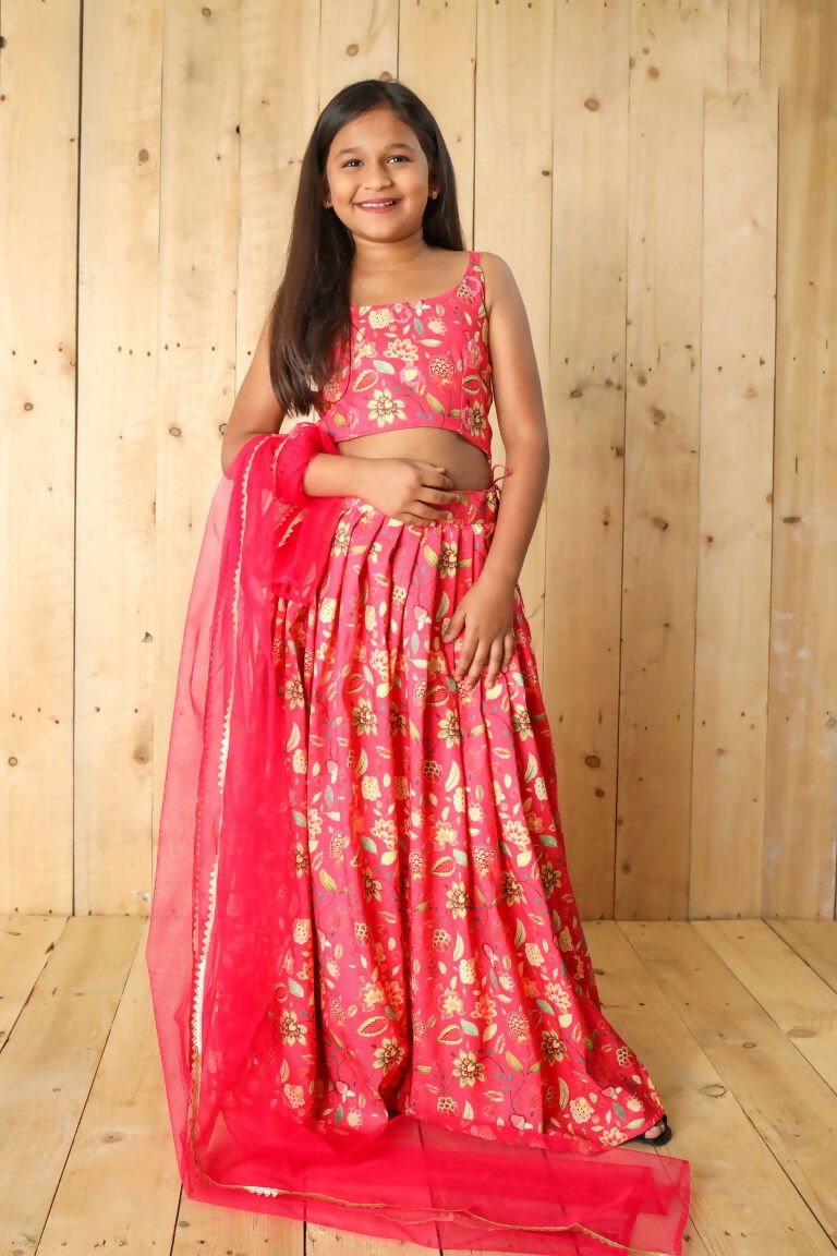 Aayaa Designer Printed Silk Embroidery Kids Lehenga Choli - Pink | Grocsy