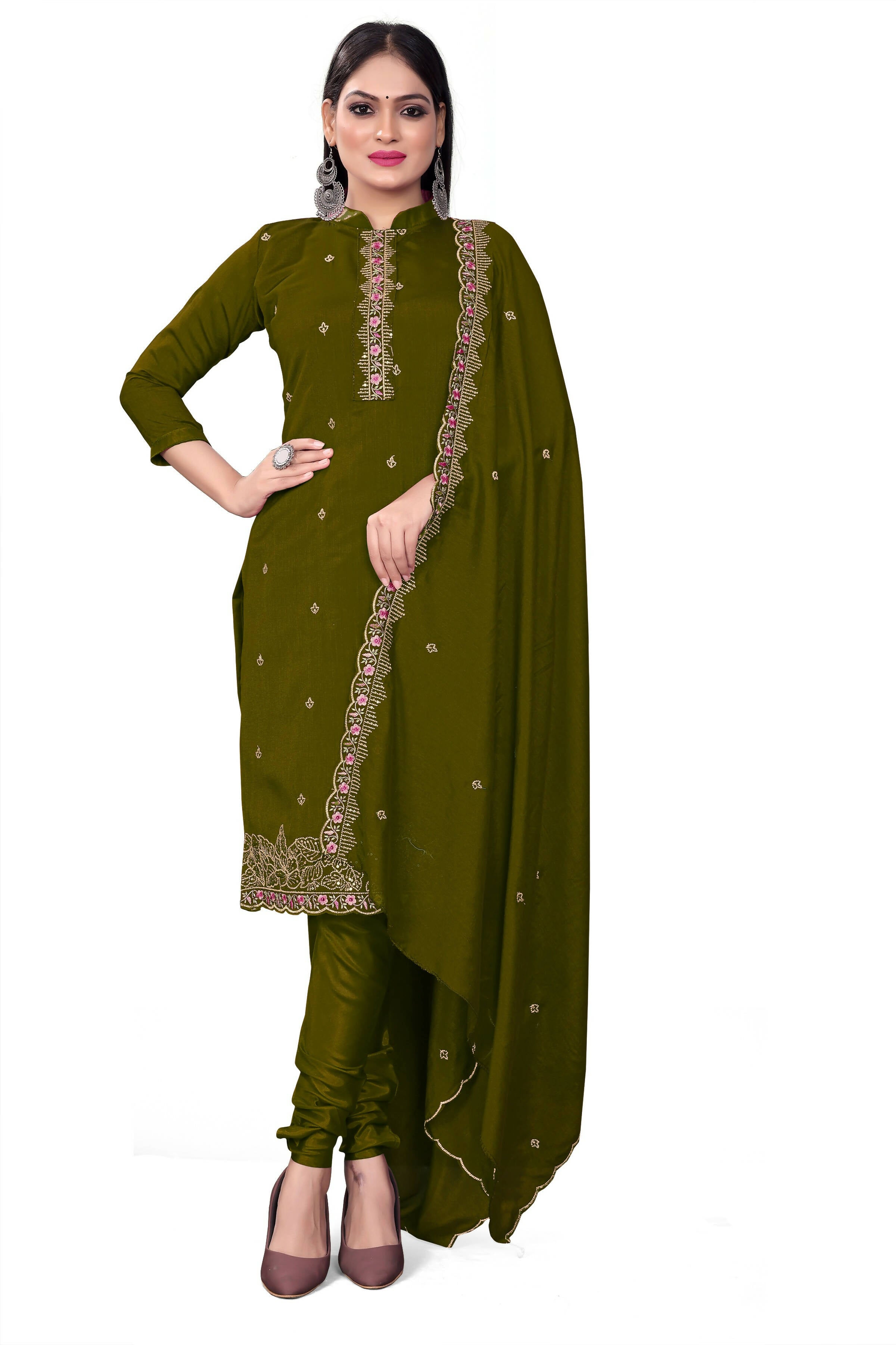 Green Silk Embroidered with Sequins work Unstitched Dress Material - Tanvi | Grocsy