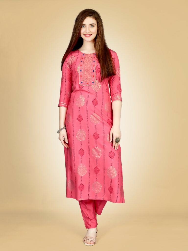 Jyoti Fashion Women's Pink Viscose Rayon Embroidered Kurta Pant Set | Grocsy
