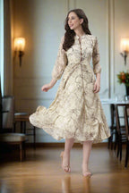 Souchii Floral Tiered Midi Dress For Women – Elegant Beige Button-Front A-Line | Grocsy