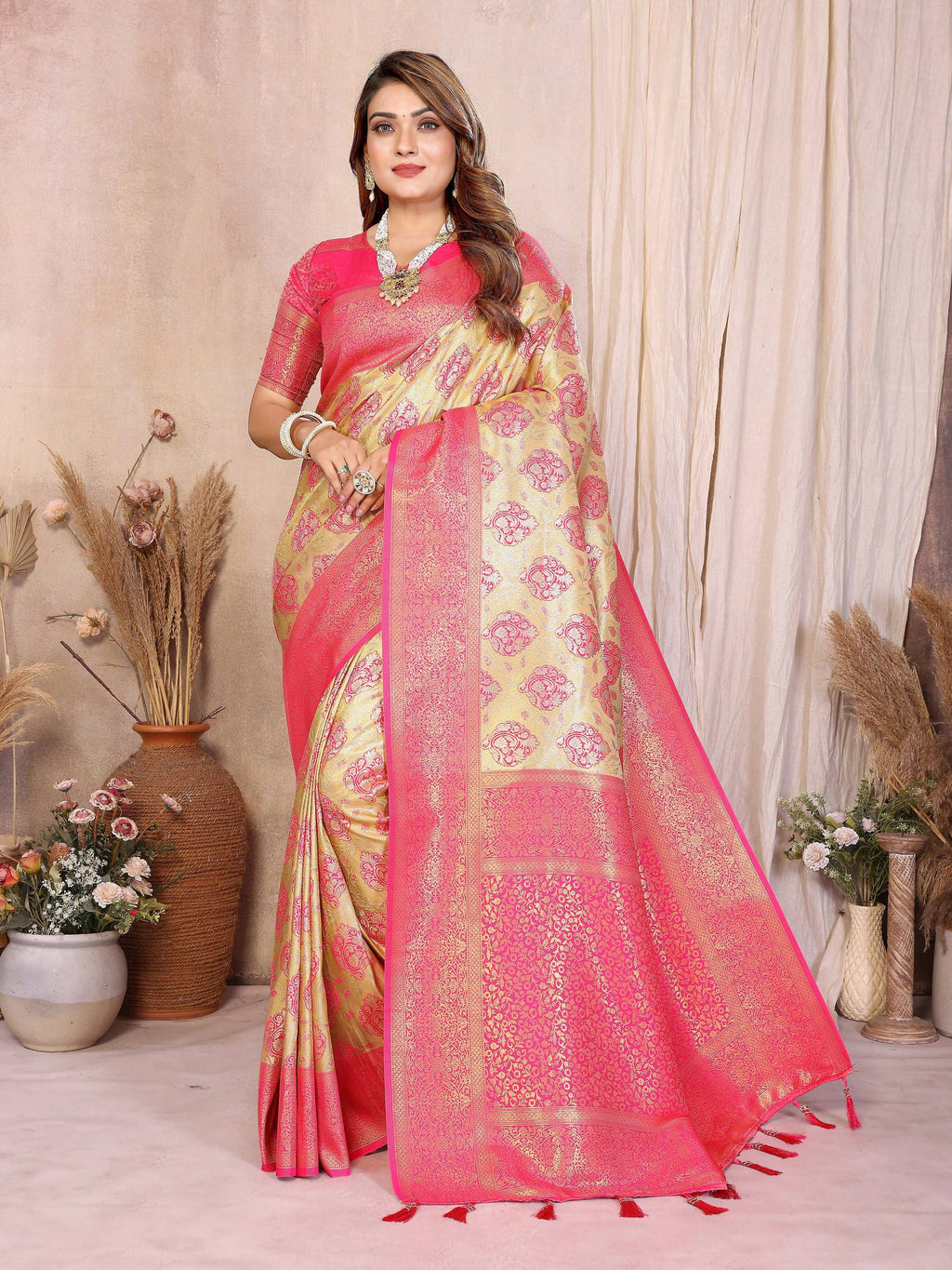 Aastha Fashion Yellow Banarasi Tissue Silk Weaving Saree | Grocsy