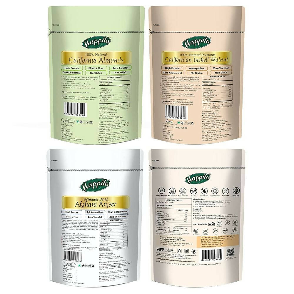 Happilo Premium Californian Almonds, Walnuts Inshell, Afghani Anjeer & Turkish Apricot Combo | Grocsy
