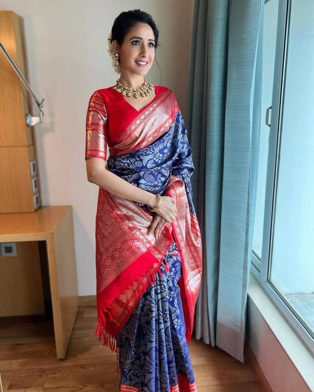 DEIANA'S Beautiful Designer Golden zari Soft Lichi Silk Saree - Blue | Grocsy