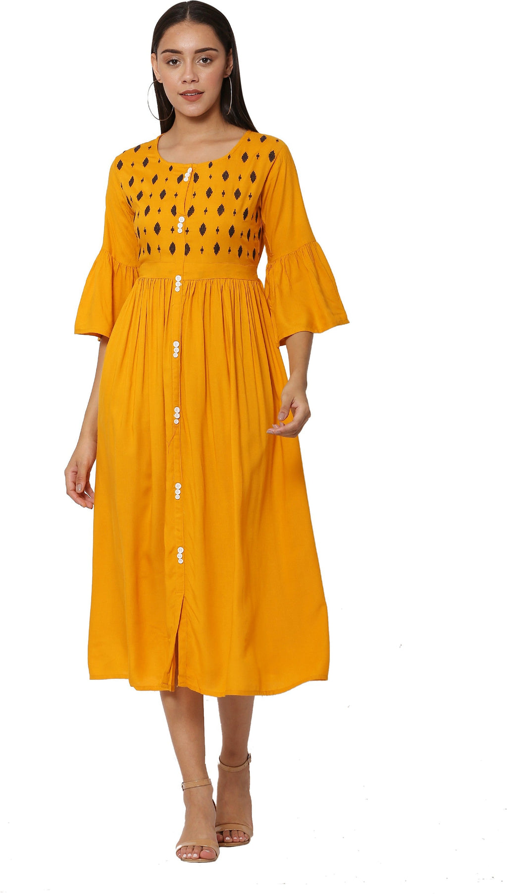 PAVONINE Mustard Color Embroidery Work With Button Dress For Women | Grocsy