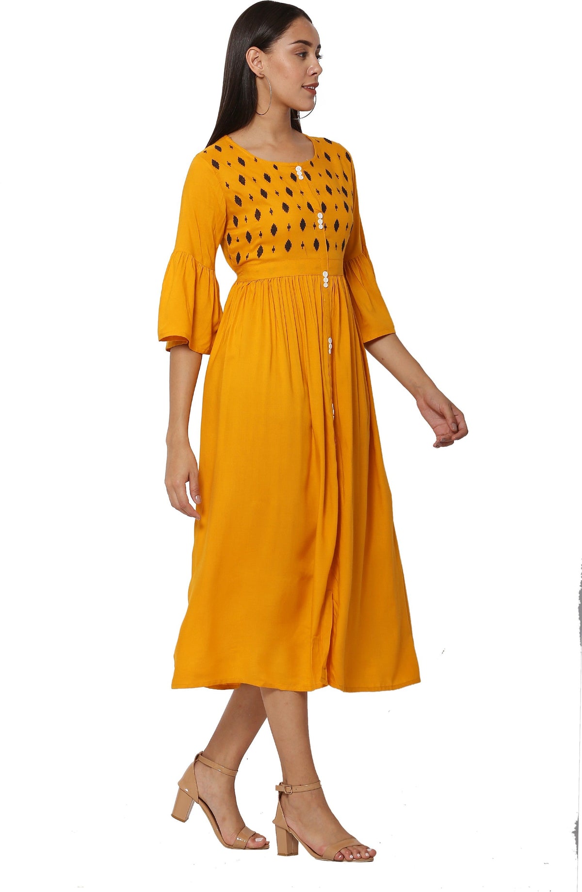 PAVONINE Mustard Color Embroidery Work With Button Dress For Women | Grocsy