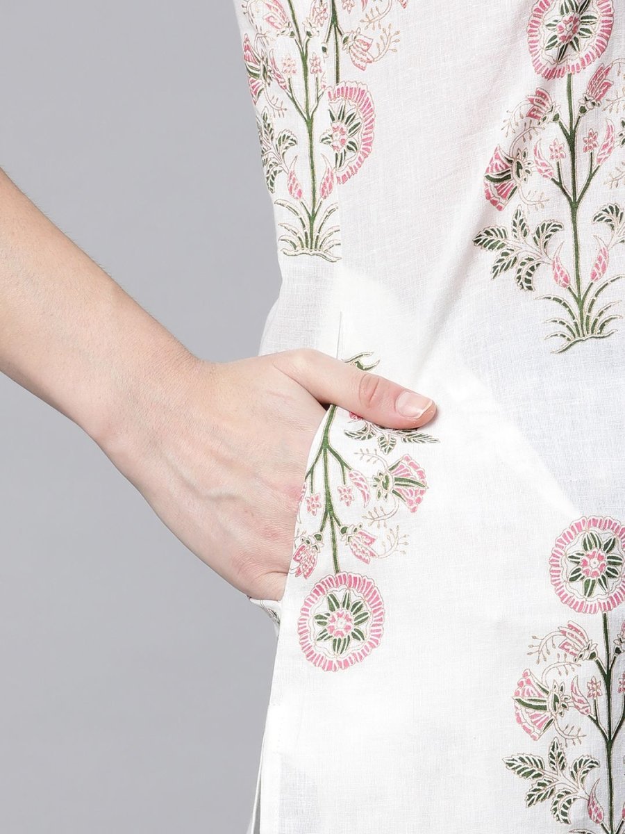 Ahalyaa Women's Off White Pure Cotton Floral Printed Kurta | Grocsy