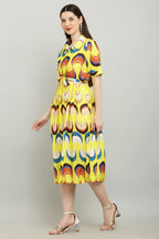 PAVONINE Zig-Zag Multi-Colors Printed Crepe Fabric Yellow Dress For Women | Grocsy