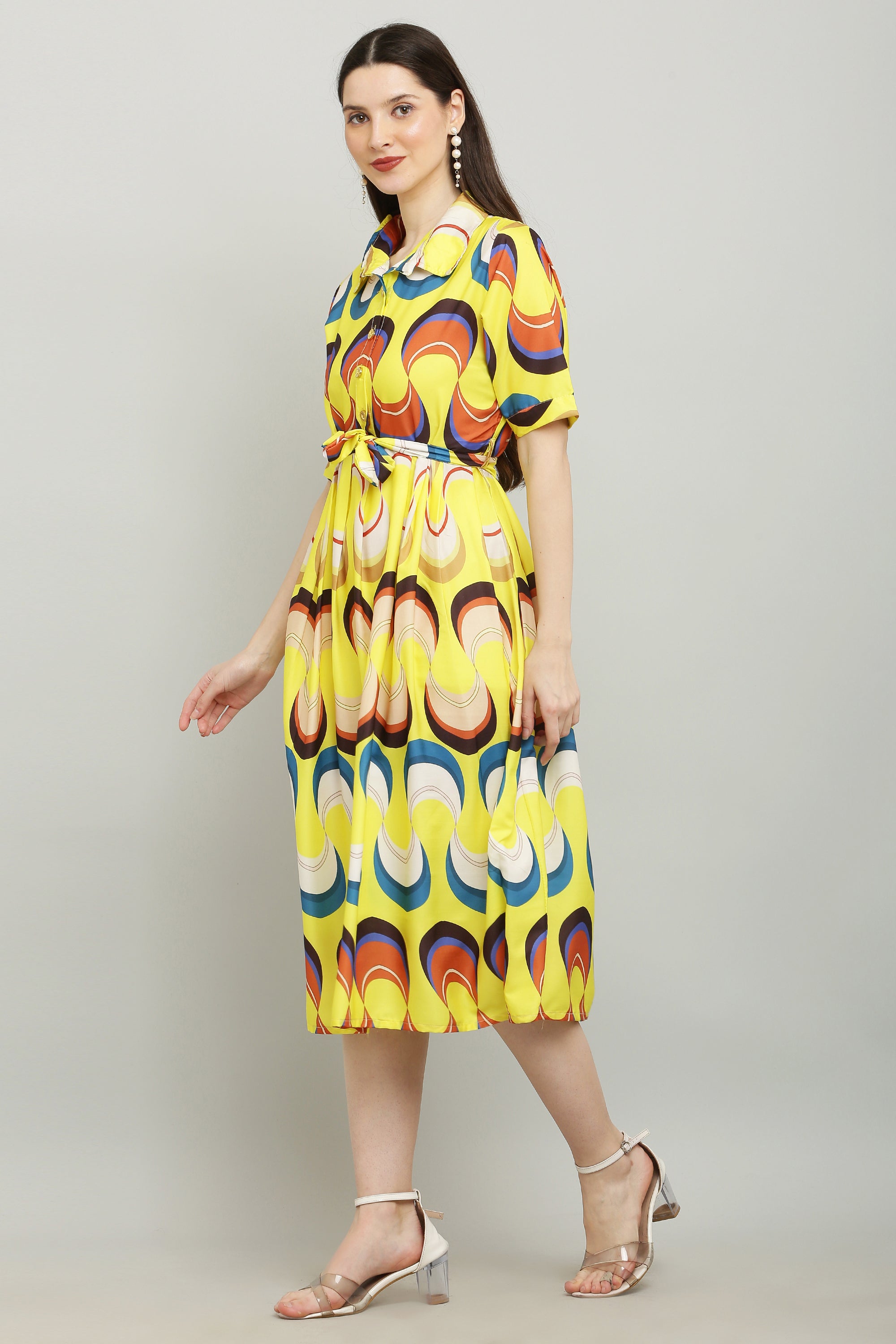 PAVONINE Zig-Zag Multi-Colors Printed Crepe Fabric Yellow Dress For Women | Grocsy