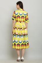 PAVONINE Zig-Zag Multi-Colors Printed Crepe Fabric Yellow Dress For Women | Grocsy