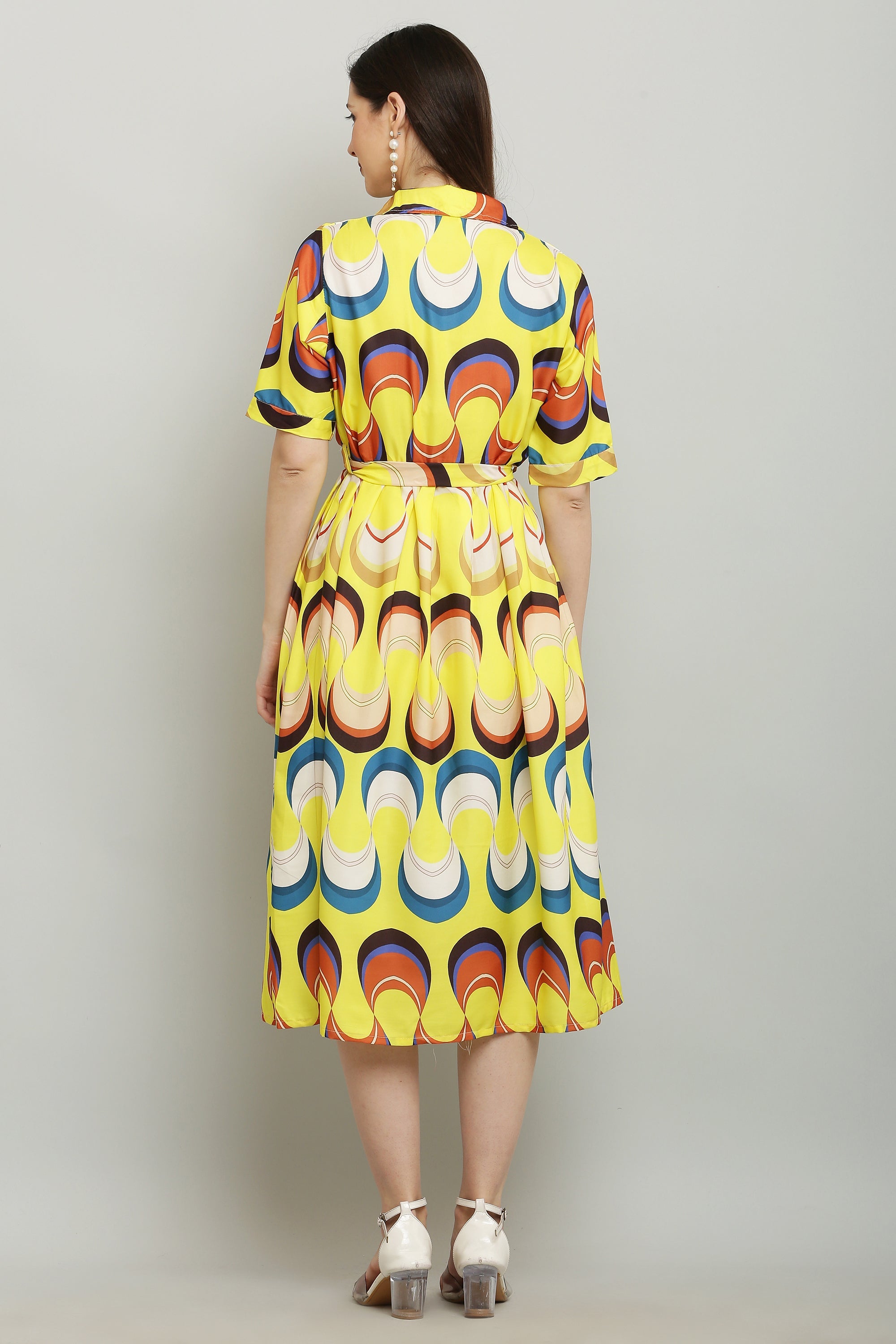 PAVONINE Zig-Zag Multi-Colors Printed Crepe Fabric Yellow Dress For Women | Grocsy