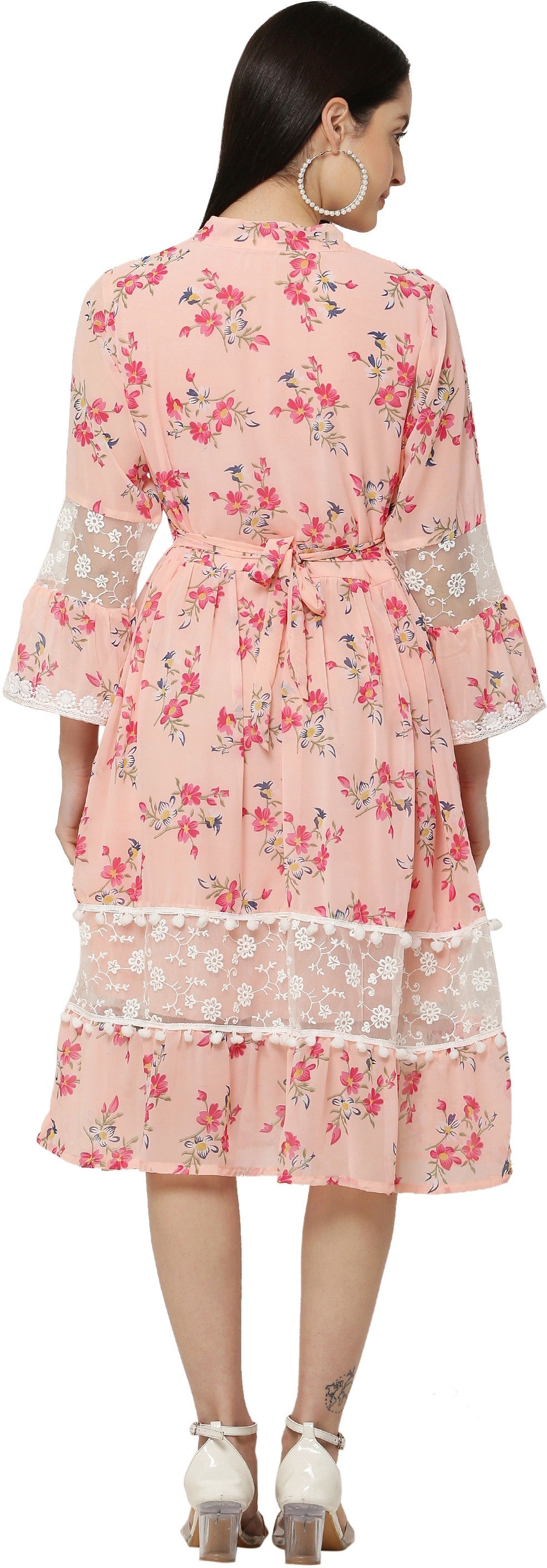 PAVONINE Peach Color Flower Printed Lace Bottom Dress For Girls & Women | Grocsy