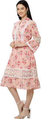 PAVONINE Peach Color Flower Printed Lace Bottom Dress For Girls & Women | Grocsy