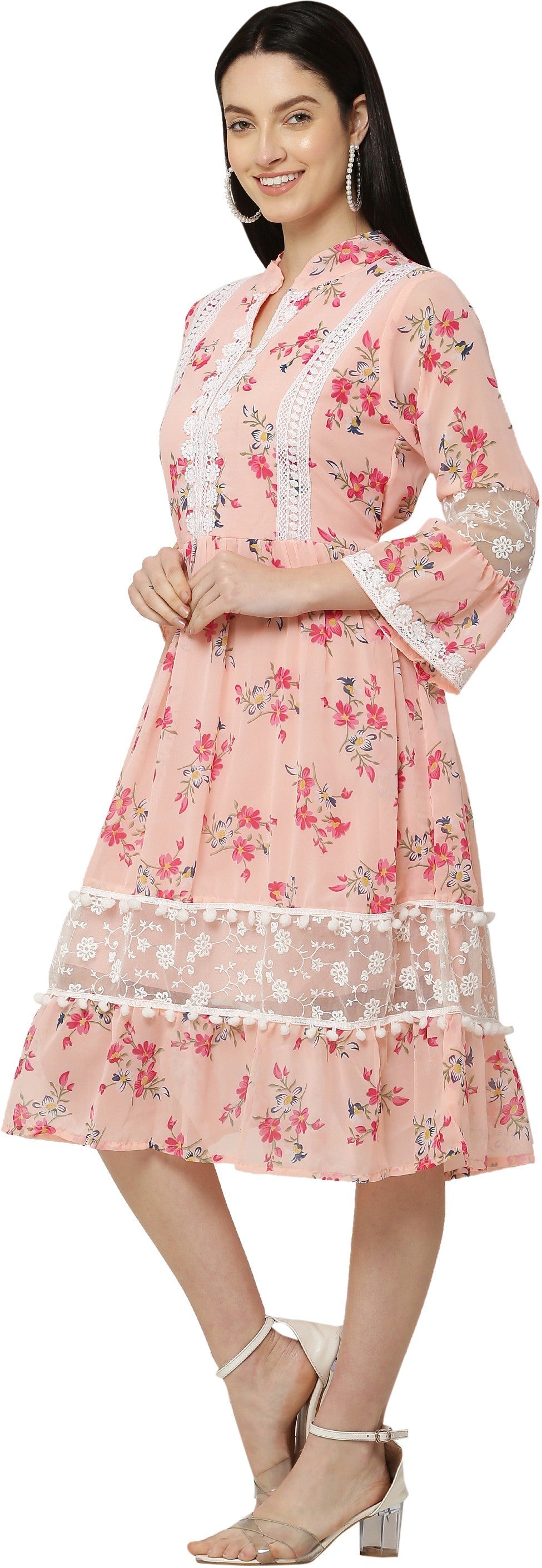 PAVONINE Peach Color Flower Printed Lace Bottom Dress For Girls & Women | Grocsy