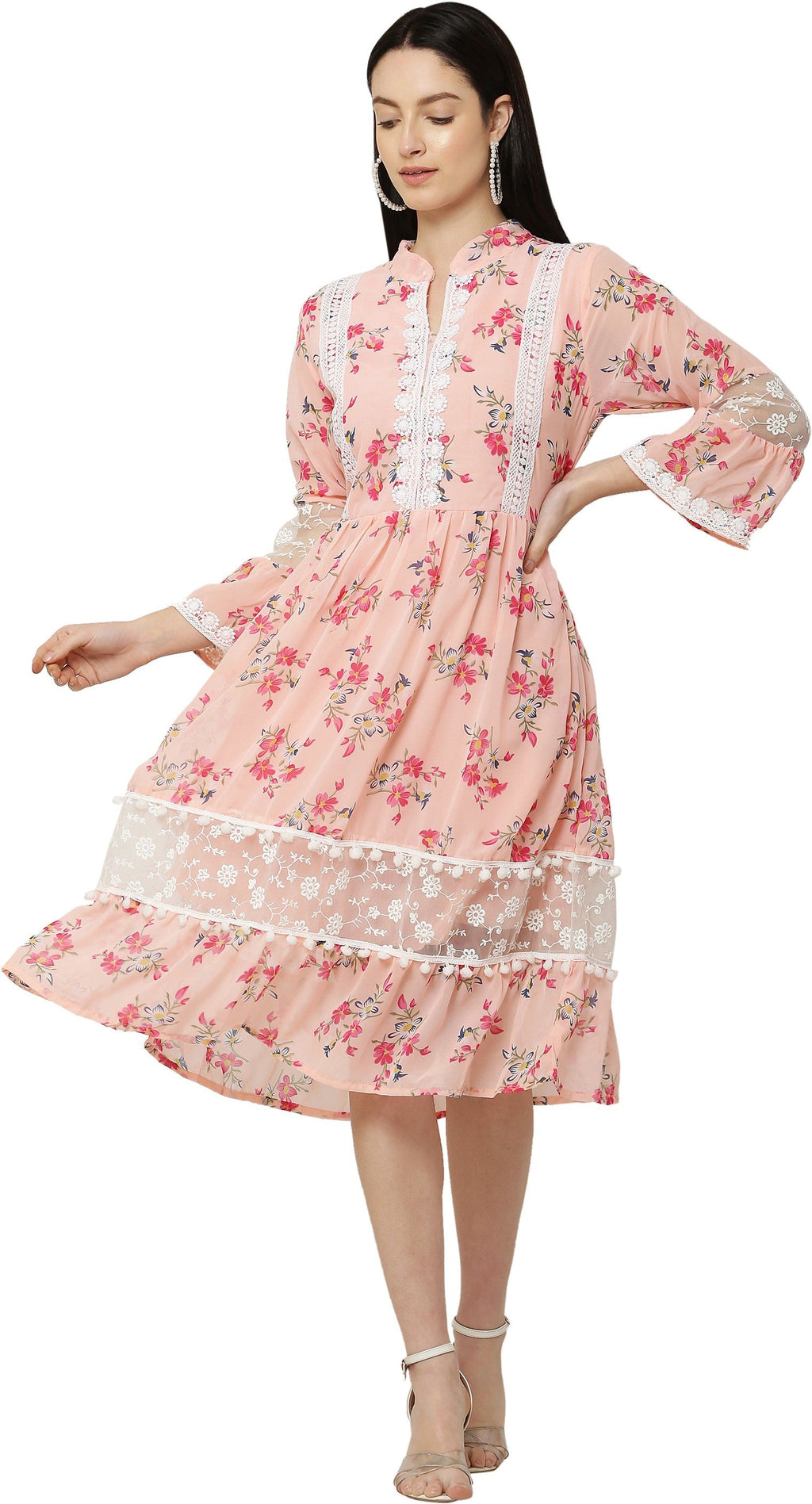 PAVONINE Peach Color Flower Printed Lace Bottom Dress For Girls & Women | Grocsy