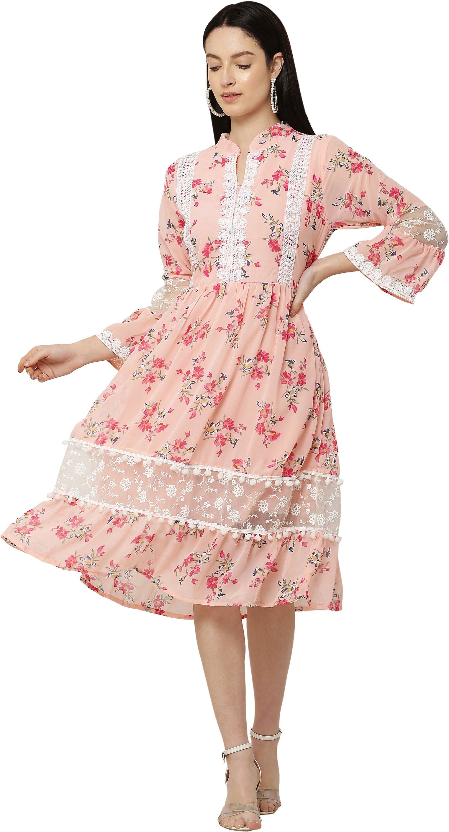 PAVONINE Peach Color Flower Printed Lace Bottom Dress For Girls & Women | Grocsy