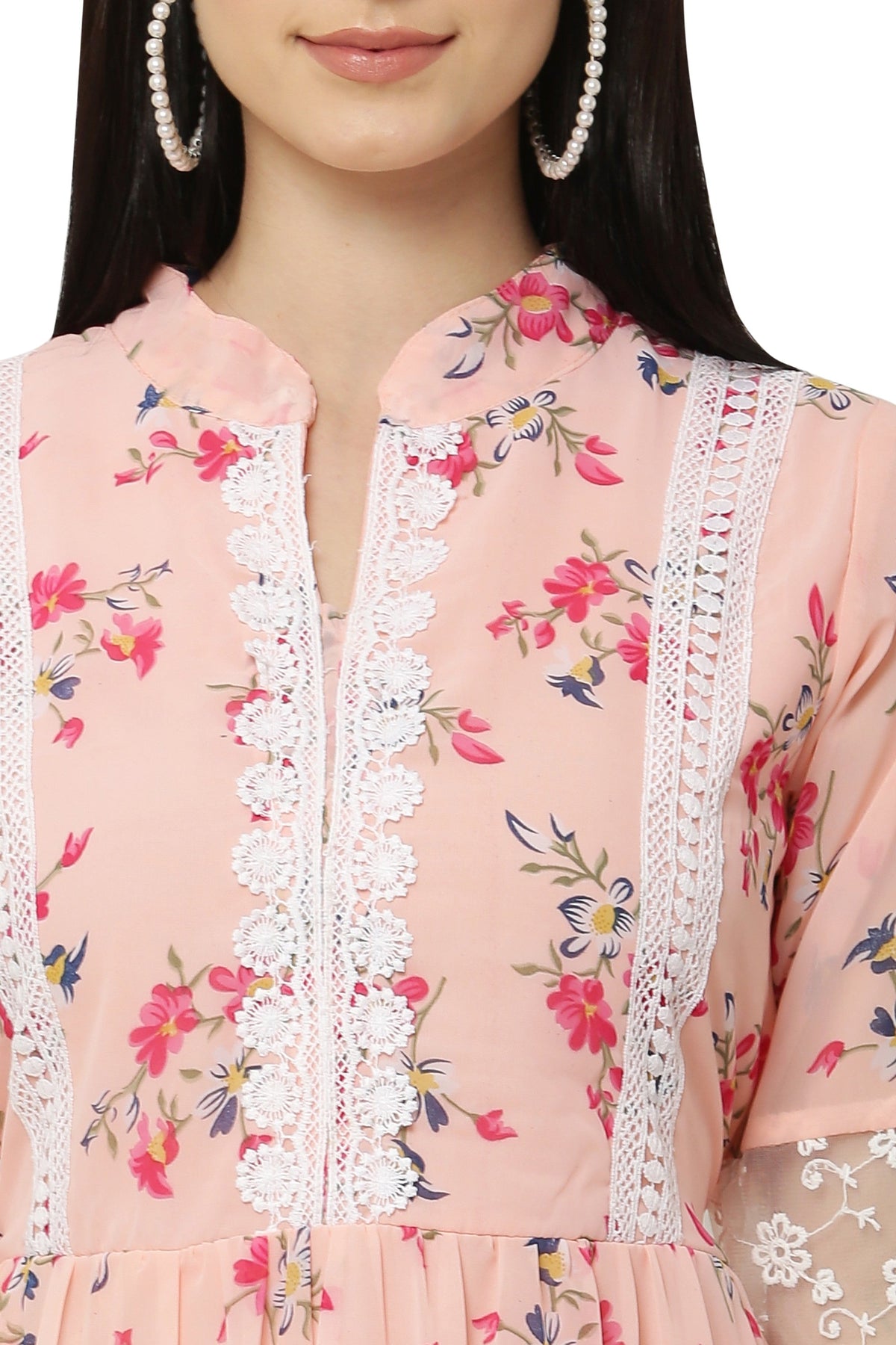 PAVONINE Peach Color Flower Printed Lace Bottom Dress For Girls & Women | Grocsy