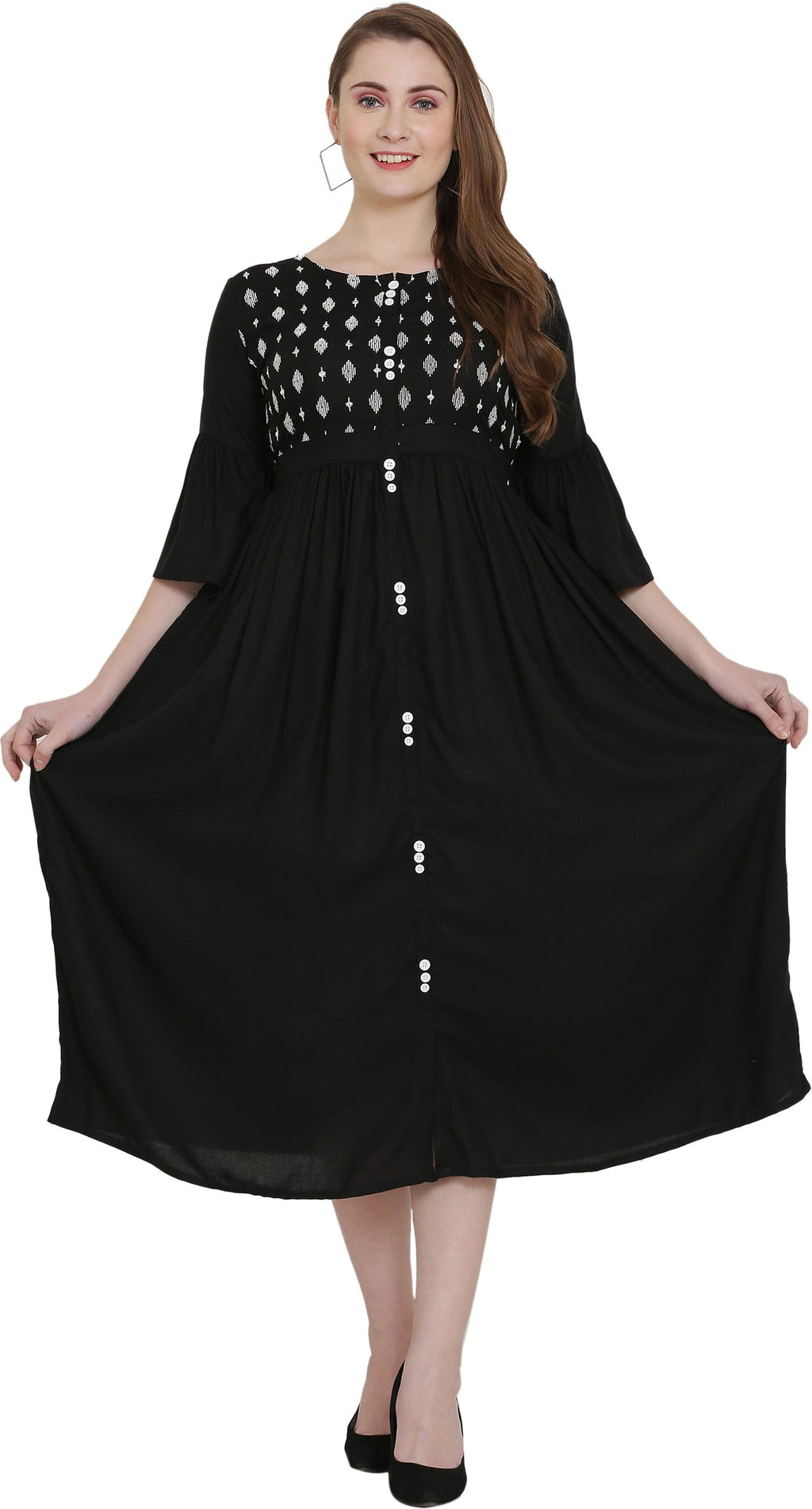 PAVONINE Black Color Embroidery Work With Button Dress For Women | Grocsy