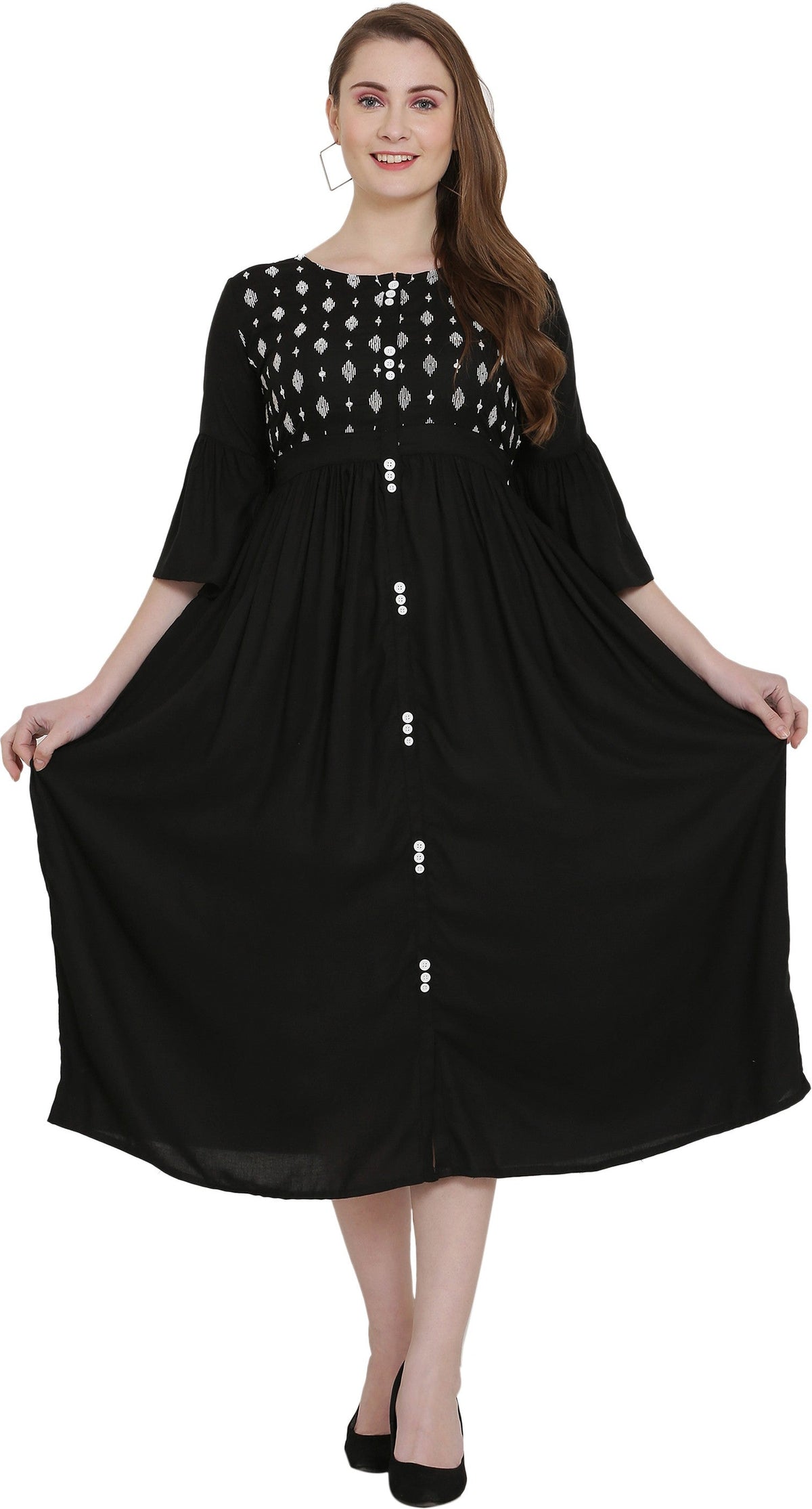 PAVONINE Black Color Embroidery Work With Button Dress For Women | Grocsy