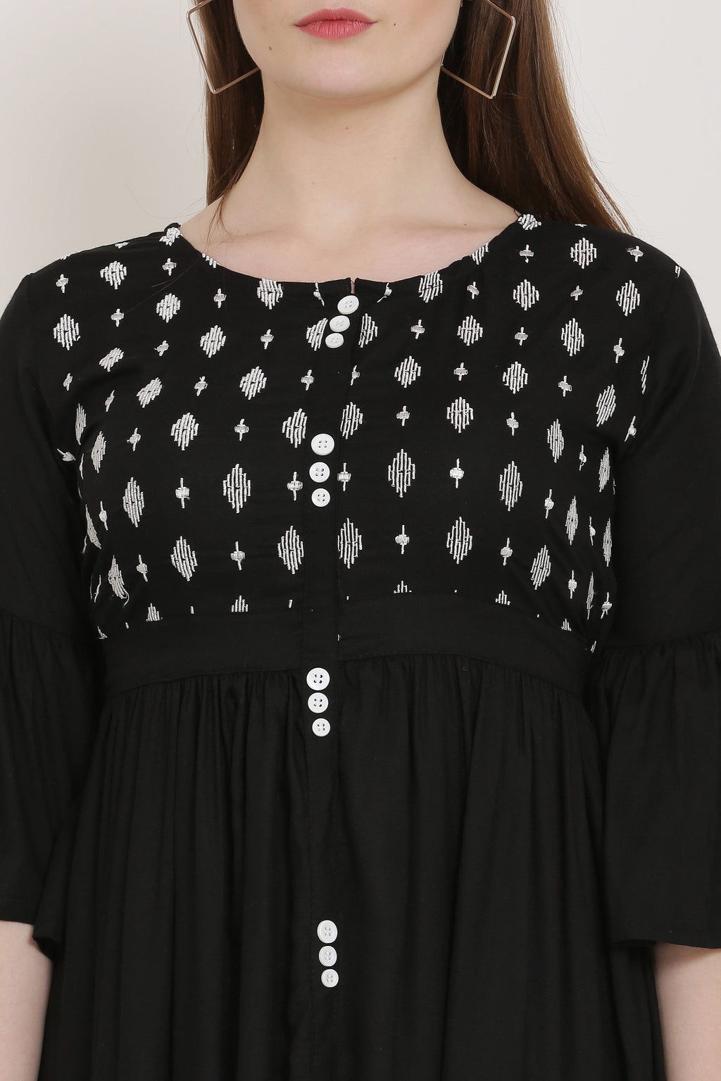 PAVONINE Black Color Embroidery Work With Button Dress For Women | Grocsy