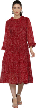 PAVONINE Micro Dots Frill-Neck Georgette Fabric Maroon Dress For Women | Grocsy