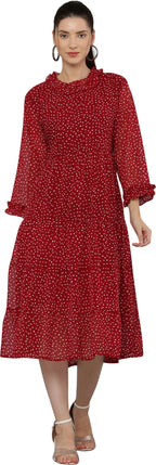 PAVONINE Micro Dots Frill-Neck Georgette Fabric Maroon Dress For Women | Grocsy